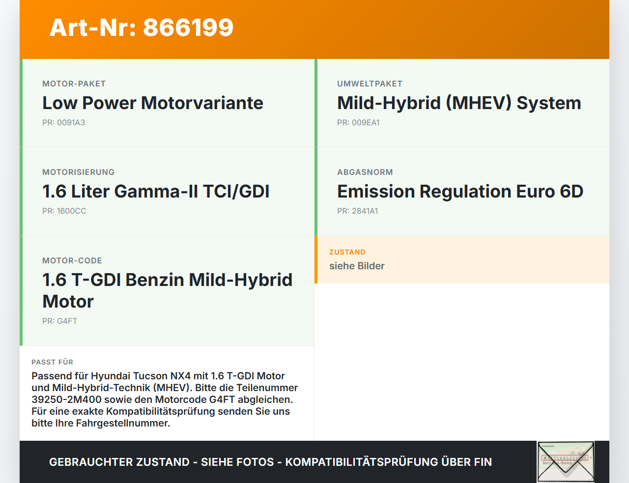 Hyundai Tucson IV NX4 20-24 Klopfsensor Sensor Pos.2 Hyundai Tucson IV NX4 20-24 30.04.2021 39250-2M400 gebraucht Vorschau 3