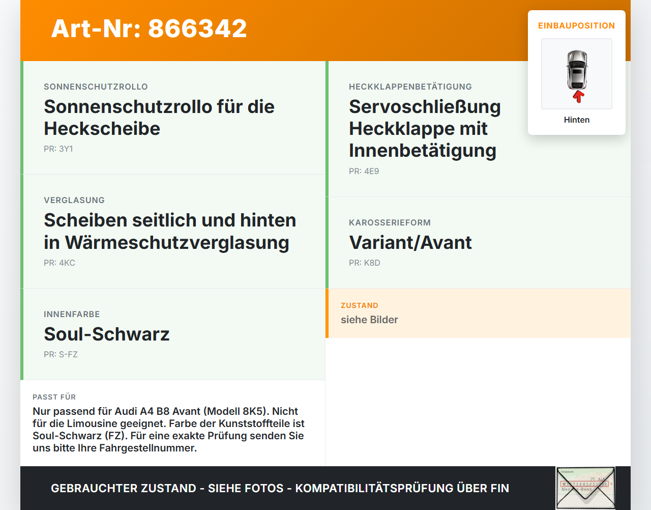 Audi A4 8K B8 QU 11-15 Sonnenschutzrollo Rollo für Heckscheibe Hinten Audi A4 8K B8 QU 11-15 10.04.2015 8K9064160... Vorschau 3
