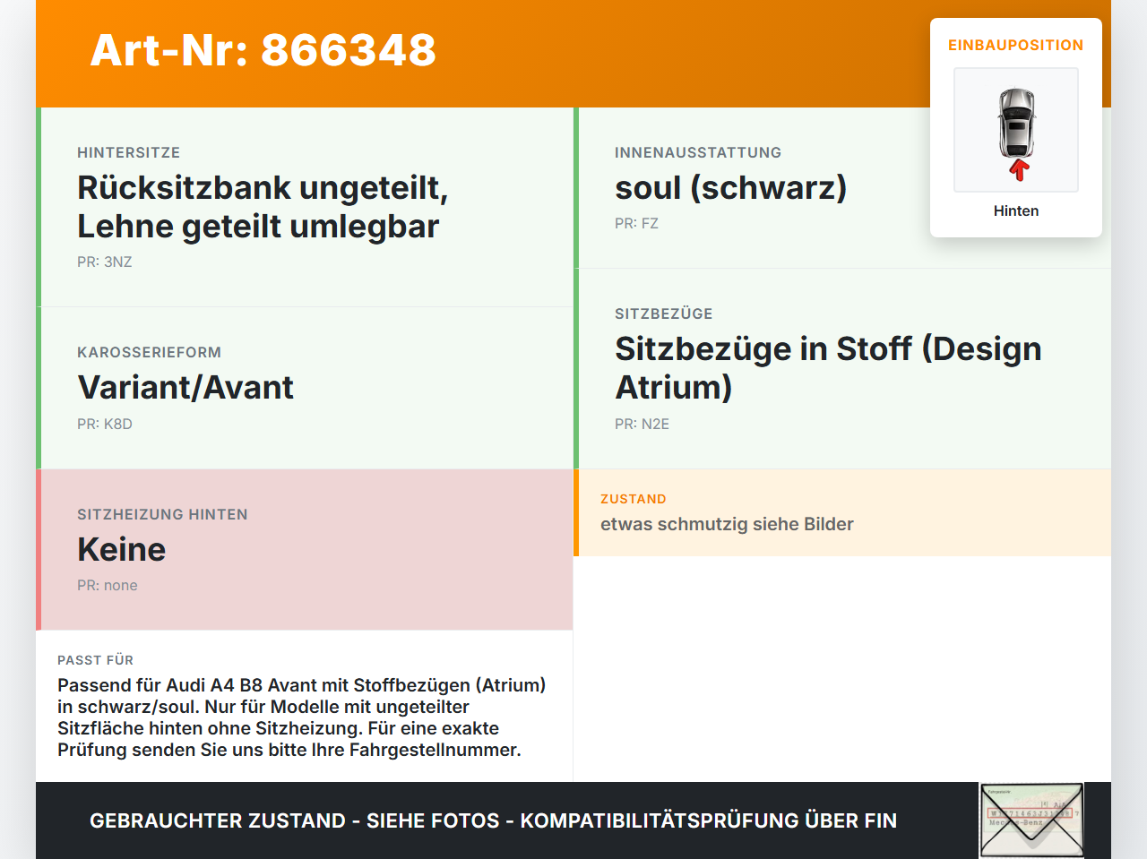 Audi A4 8K B8 QU 11-15 Kombi Sitzbezug Sitzpolster für Rücksitzbank Hinten Audi A4 8K B8 QU 11-15 10.04.2015... Vorschau 3