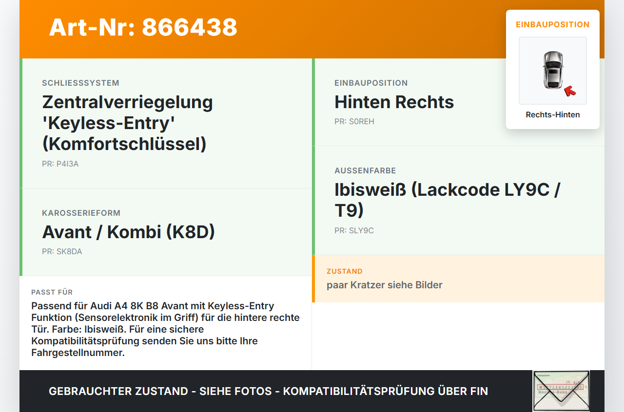Audi A4 8K B8 QU 11-15 Kombi Türgriff Griff aussen Rechts Hinten Keyless Entry LY9C Audi A4 8K B8 QU 11-15... Vorschau 3