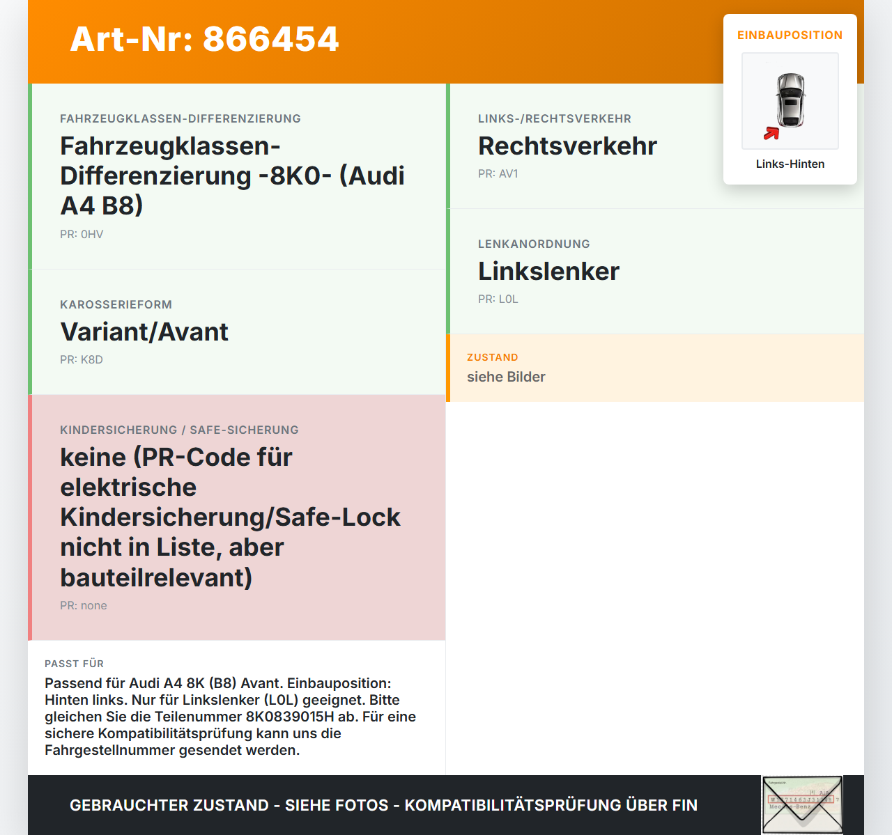 Audi A4 8K B8 QU 11-15 Kombi Türschloss m. ZV Stellmotor Links Hinten Audi A4 8K B8 QU 11-15 10.04.2015 8K0839015H... Vorschau 3