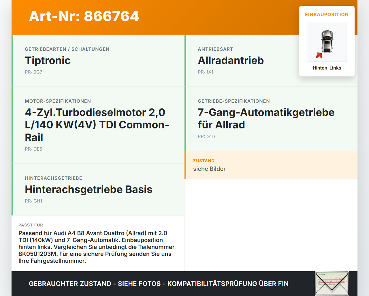 Audi A4 8K B8 QU 11-15 Kombi TDI 2,0 140KW 4WD Antriebswelle Gelenkwelle Hinten Links Audi A4 8K B8 QU 11-15... Vorschau 3