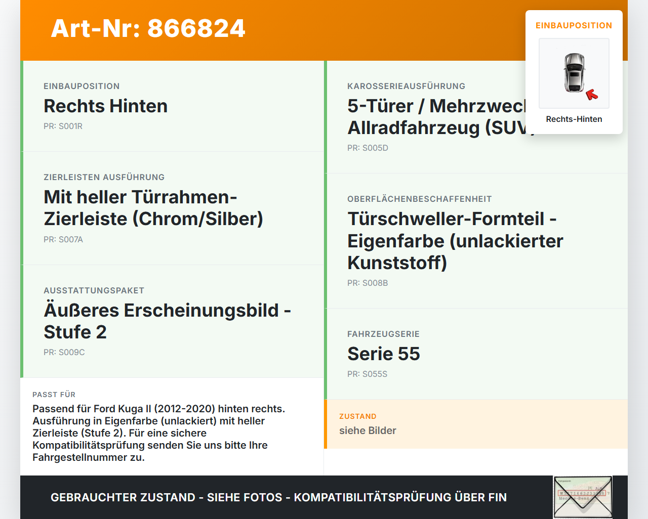 Ford Kuga II 13-16 Türleiste Rechts Hinten 5D Ford Kuga II 13-16 12.08.2016 CJ54-S254A40-DB59B8 gebraucht Vorschau 3
