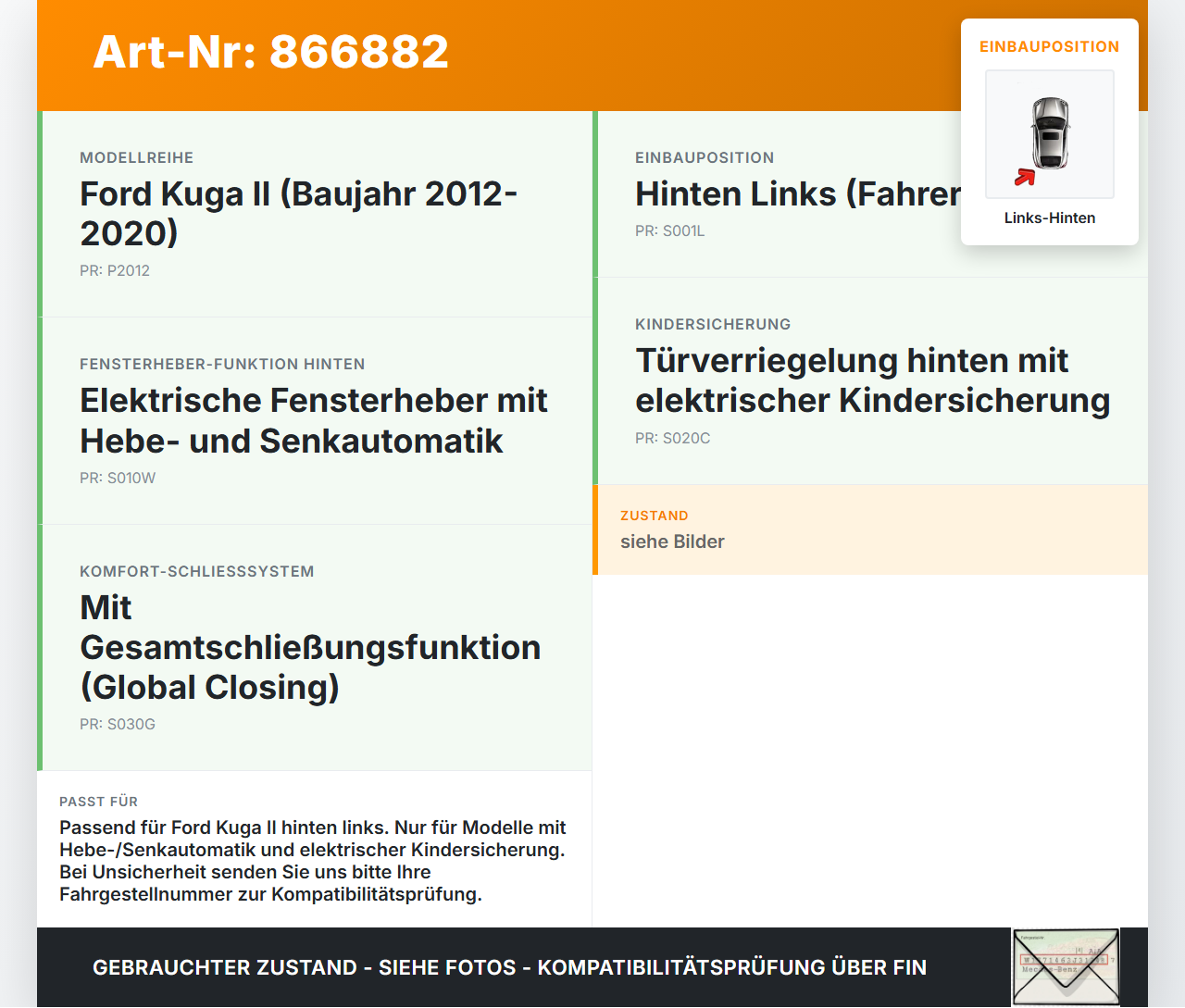 Ford Kuga II 13-16 Fensterhebermotor Links Hinten Ford Kuga II 13-16 12.08.2016 gebraucht Vorschau 3