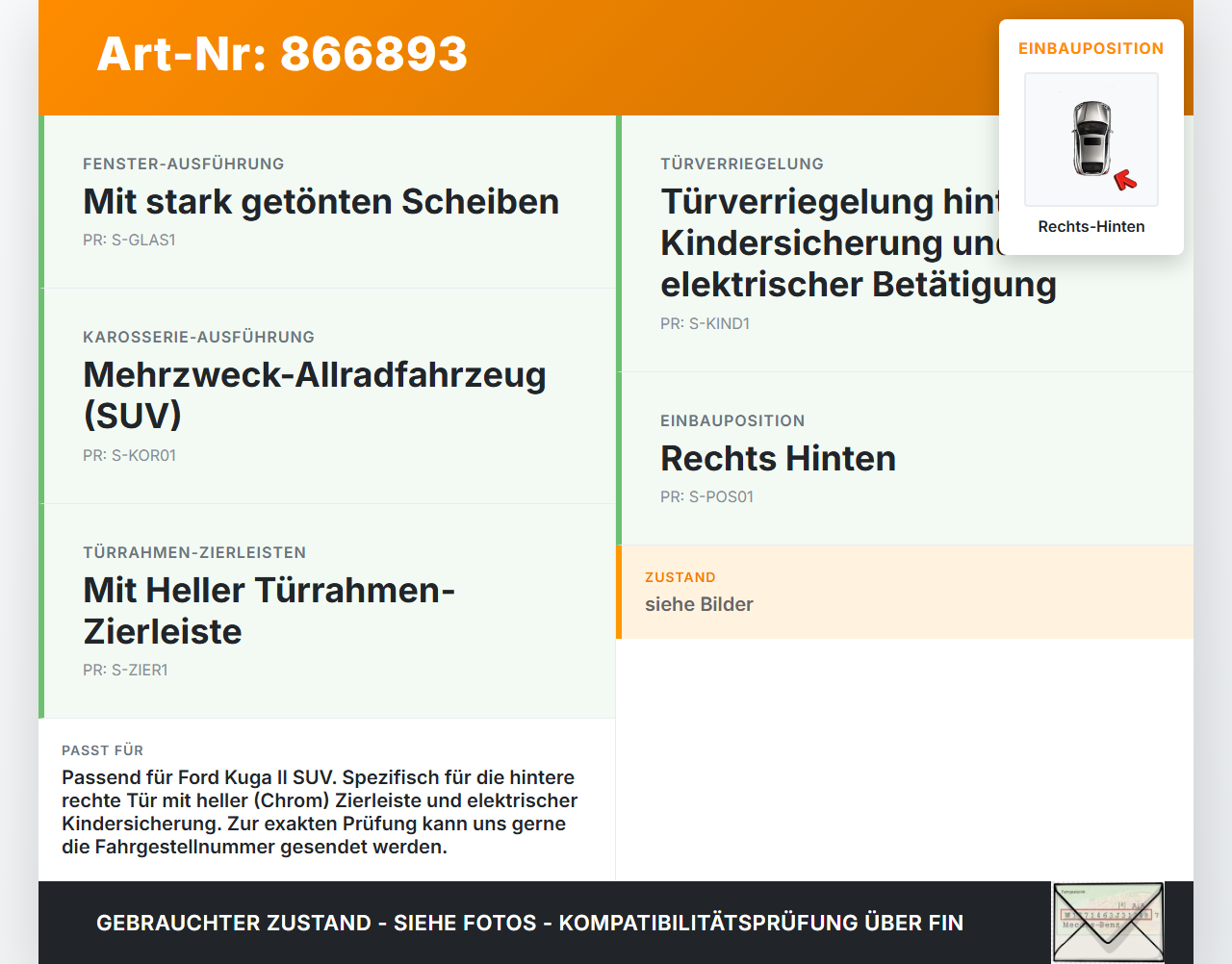 Ford Kuga II 13-16 Dichtung für Rahmen Tür Rechts Hinten Ford Kuga II 13-16 12.08.2016 CJ54-S253A10-AE gebraucht Vorschau 3