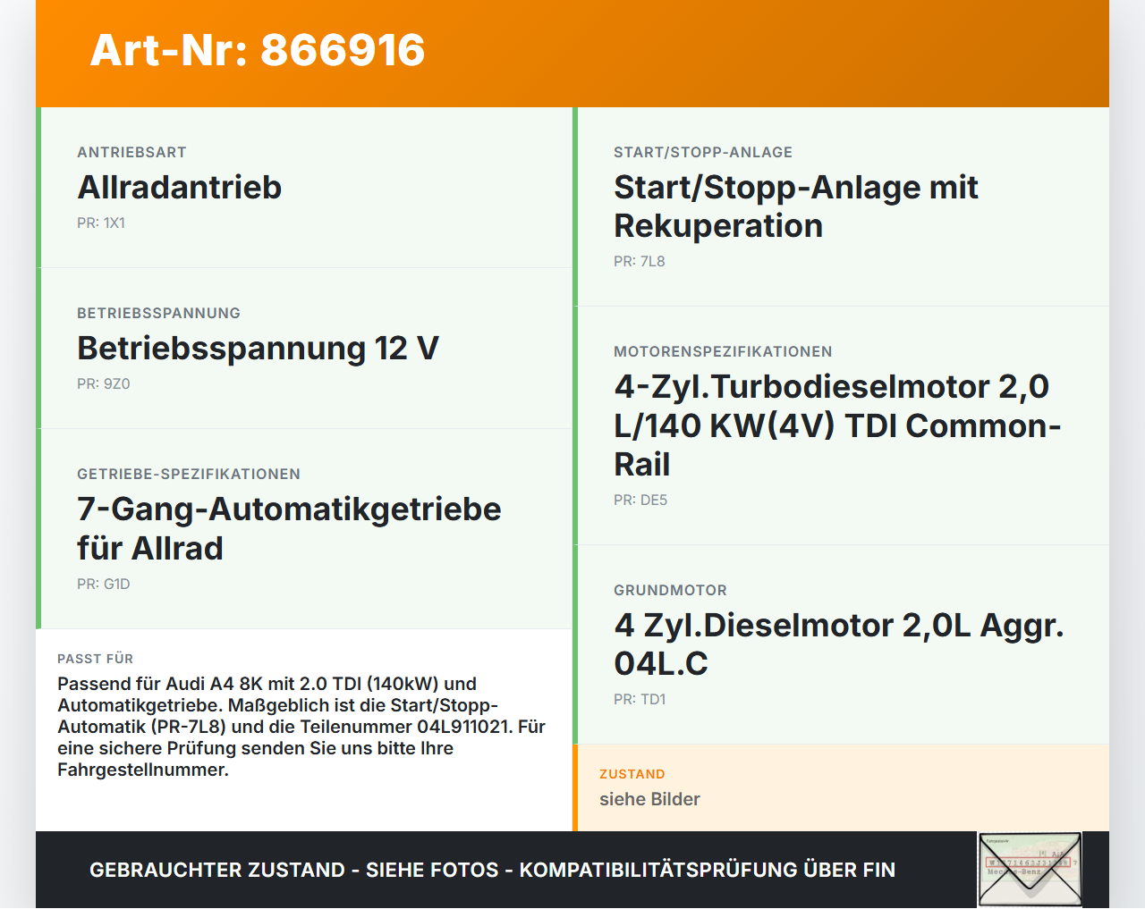 Audi A4 8K B8 QU 11-15 TDI 2,0 140KW Autom Anlasser Starter Audi A4 8K B8 QU 11-15 10.04.2015 04L911021 11032015... Vorschau 3