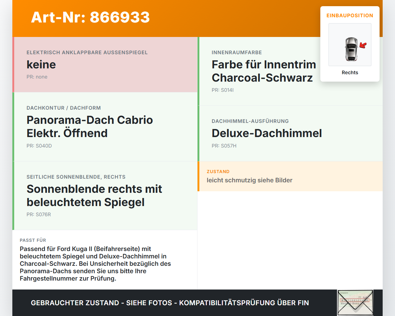 Ford Kuga II 13-16 Sonnenblende Rechts für Beifahrer Ford Kuga II 13-16 12.08.2016 CV44-S04100-YC3AM1 gebraucht Vorschau 3