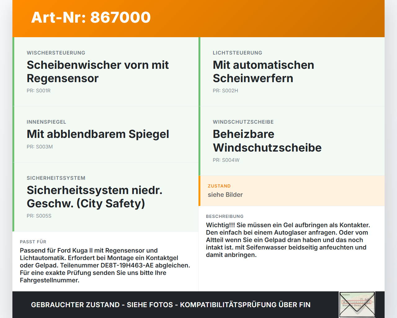 Ford Kuga II 13-16 Steuergerät für Regensensor Ford Kuga II 13-16 12.08.2016 DE8T-19H463-AE 2112145 gebraucht Vorschau 3