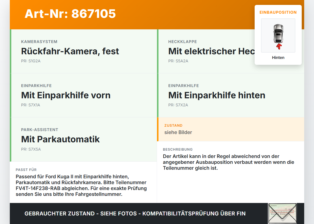 Ford Kuga II 13-16 PDC Kabelbaum Pos.1 Hinten Ford Kuga II 13-16 12.08.2016 FV4T-14F238-RAB gebraucht Vorschau 3
