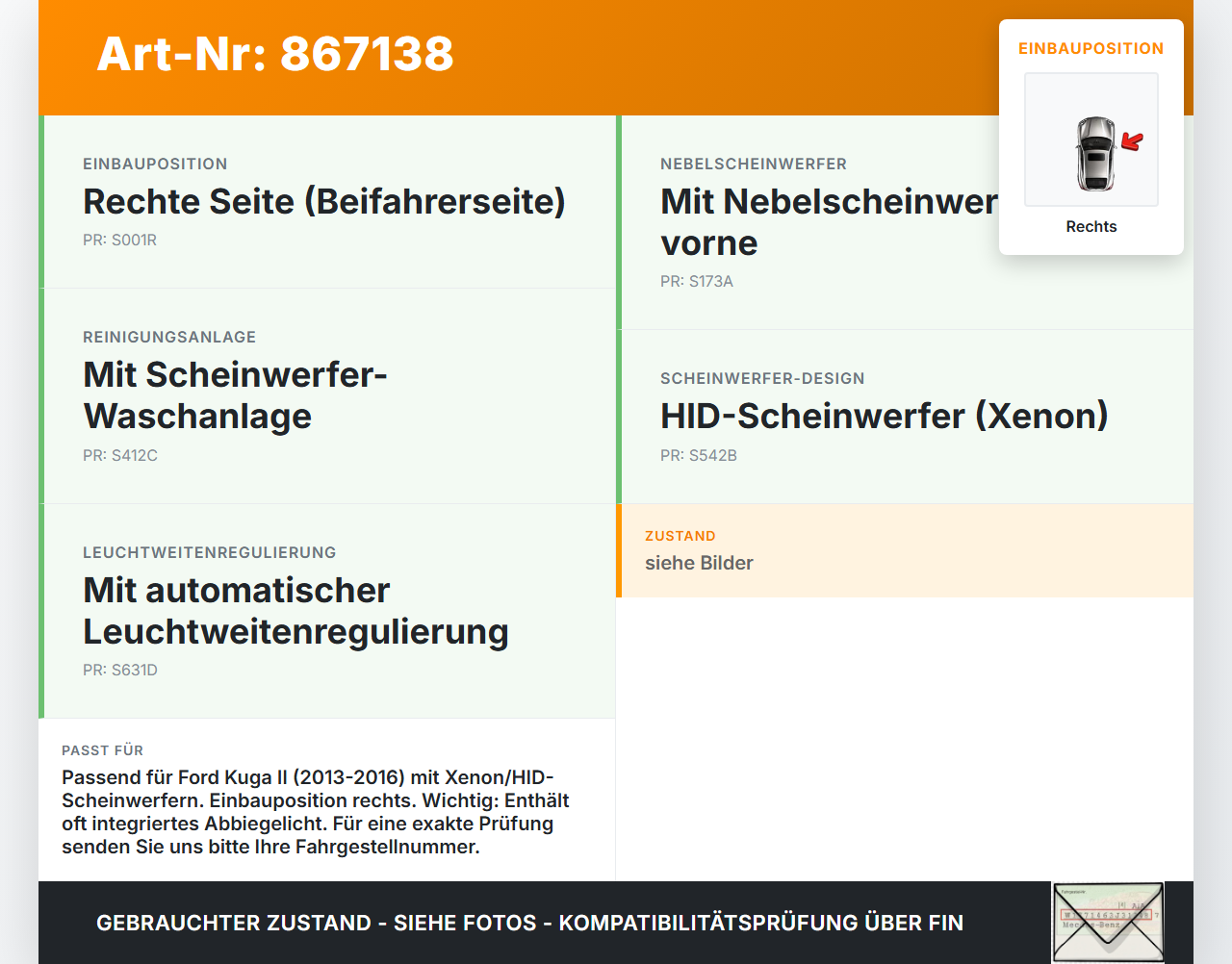 Ford Kuga II 13-16 Nebelscheinwerfer Rechts orig Ford Kuga II 13-16 12.08.2016 GV44-13B220-AG CV44-13B220-AG... Vorschau 3