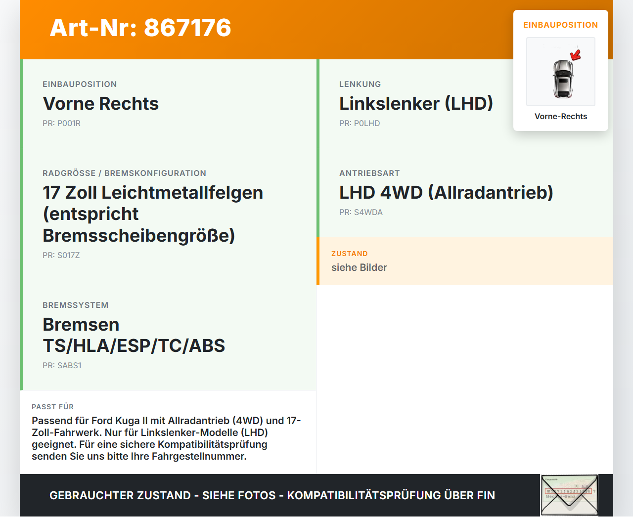 Ford Kuga II 13-16 2,0 132KW Bremssattel Bremszange Vorne Rechts Ford Kuga II 13-16 12.08.2016 BV61-2B294-AC... Vorschau 3