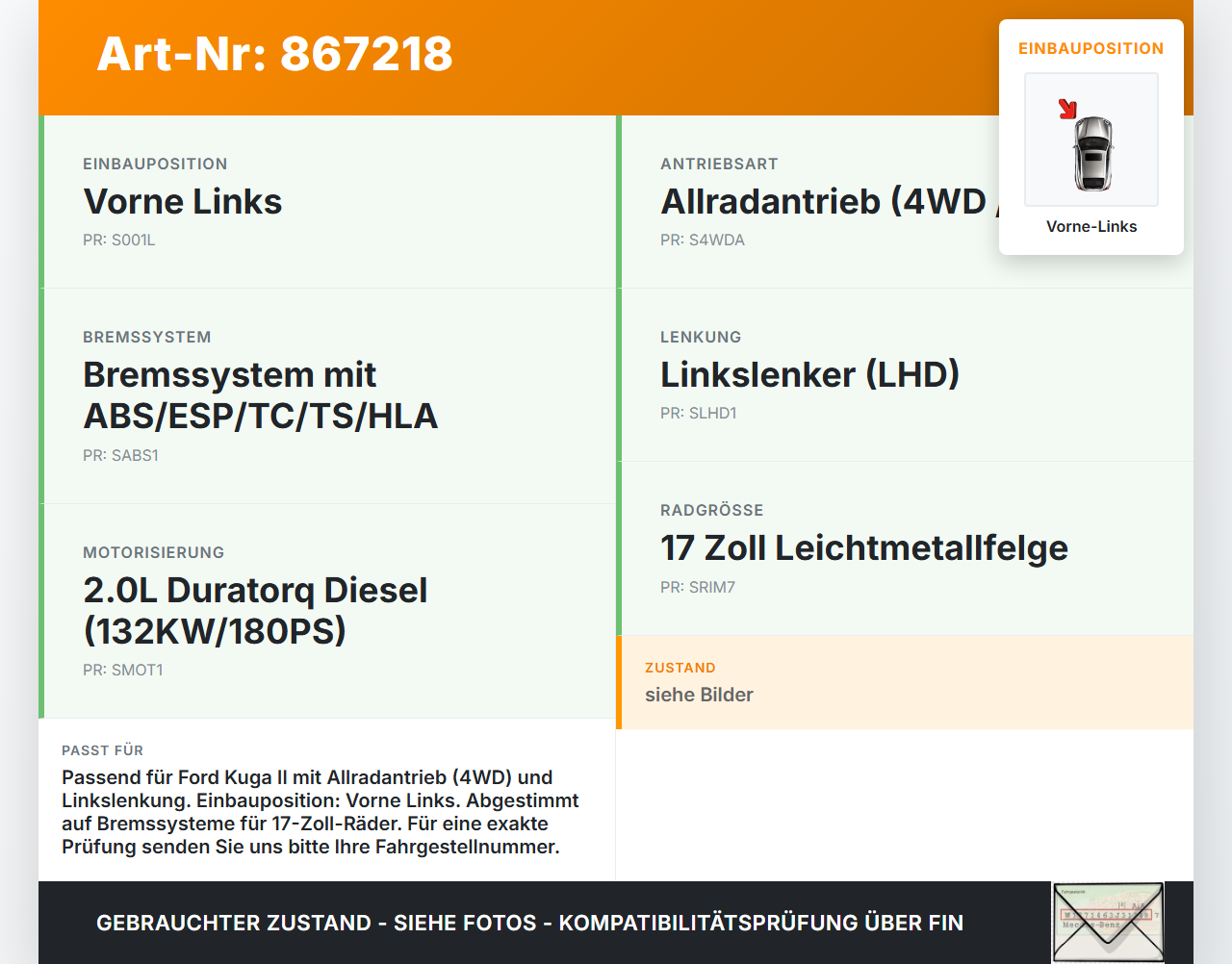 Ford Kuga II 13-16 2,0 132KW Bremssattel Bremszange Vorne Links Ford Kuga II 13-16 12.08.2016 BV61-2B302-AC 1824922... Vorschau 3
