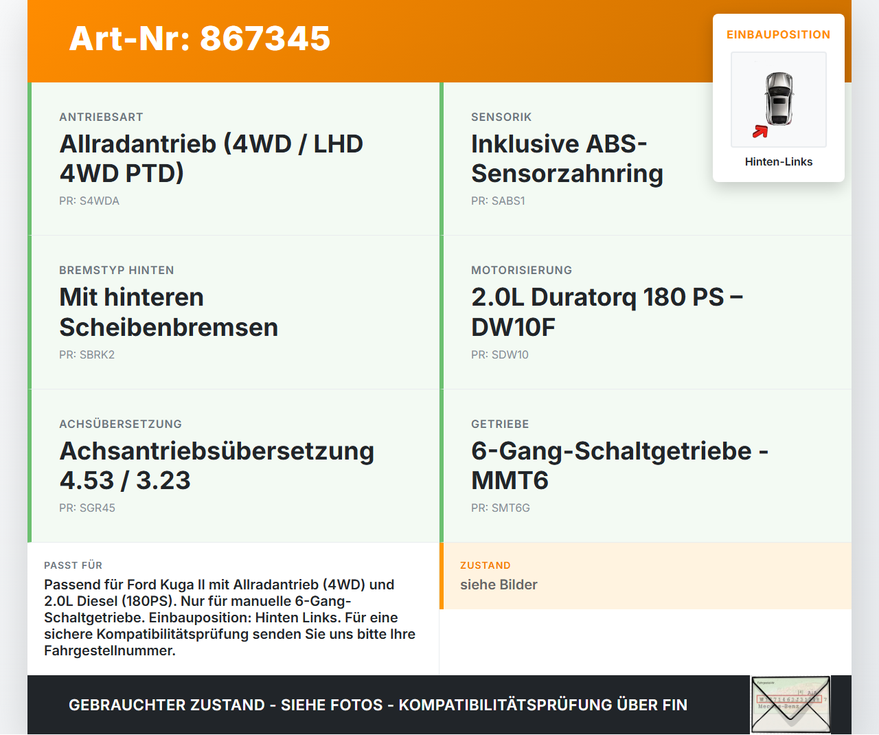 Ford Kuga II 13-16  2,0 132KW 4WD Antriebswelle Gelenkwelle Hinten Links Ford Kuga II 13-16 12.08.2016... Vorschau 3