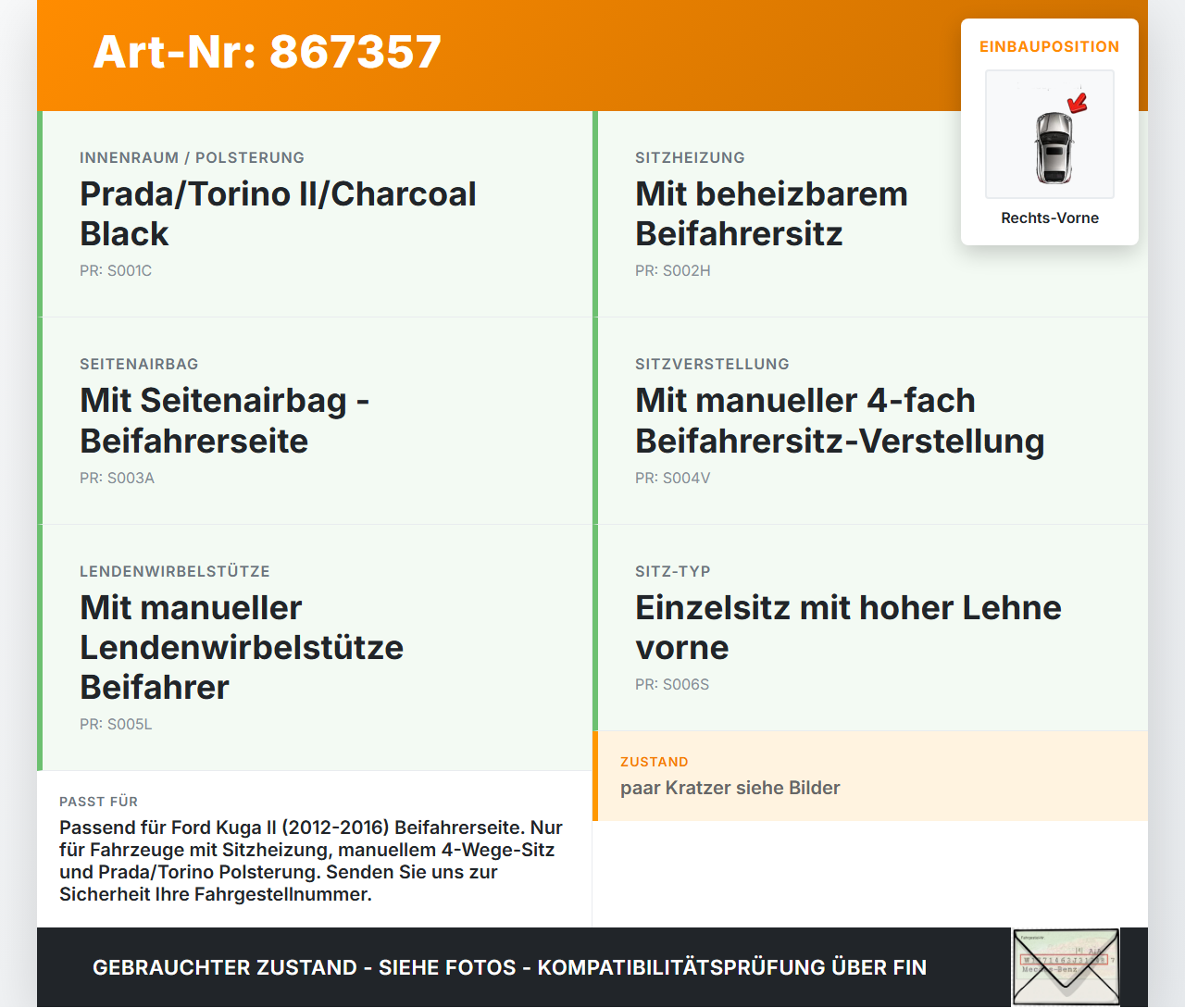 Ford Kuga II 13-16 Sitzbezug Sitzpolster für Beifahrersitz Rechts Vorne beheizt Ford Kuga II 13-16 12.08.2016... Vorschau 3