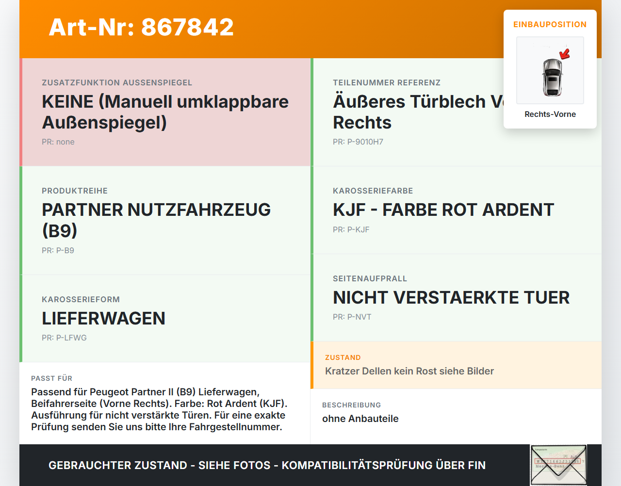 Peugeot Partner II 08-12 Kasten Tür Beifahrertür Rechts Vorne KJFB Peugeot Partner II 08-12 18.12.2009 9010H7 gebraucht Vorschau 3
