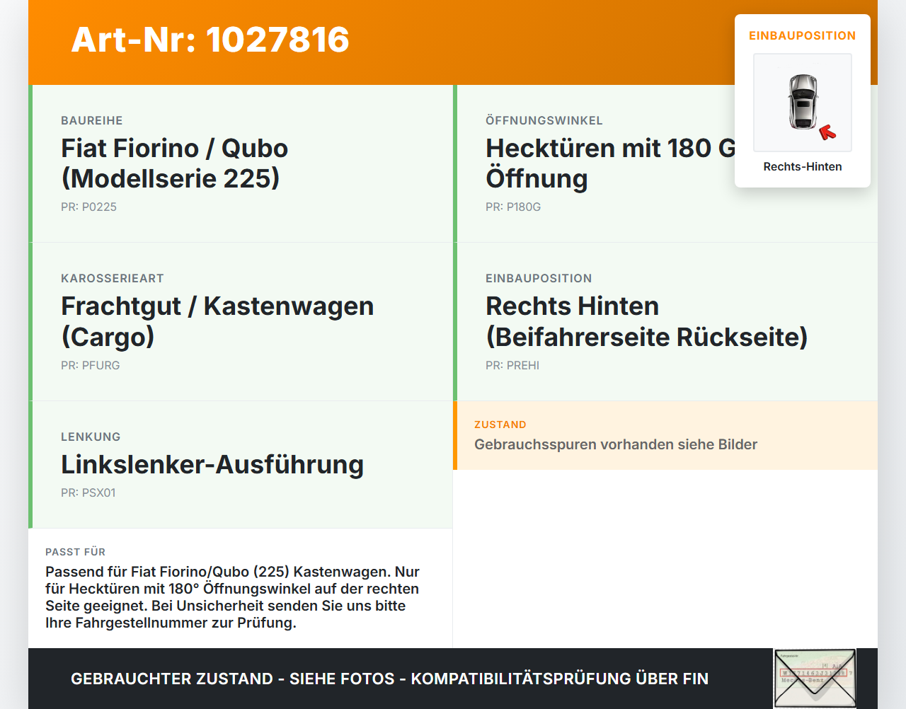 Fiat Qubo Fiorino 225 08-16 Kasten/Kombi Fang Verriegelung für Türfangband 180G Rechts Hinten Fiat Qubo Fiorino 225... Vorschau 3