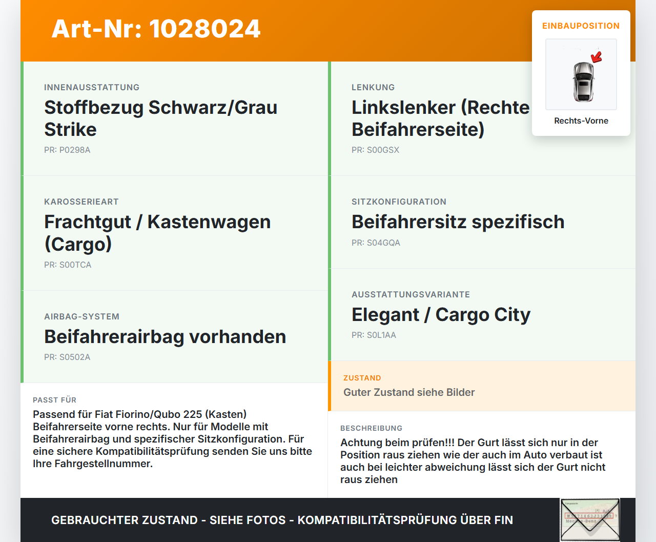 Fiat Qubo Fiorino 225 08-16 Kasten Gurt Sicherheitsgurt Gurtstraffer für Beifahrer Rechts Vorne Fiat Qubo Fiorino... Vorschau 3