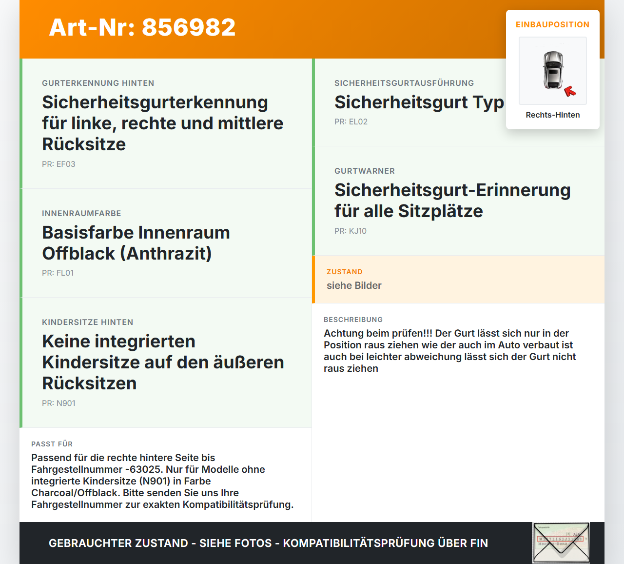 Volvo V60 I D3 10-13 Kombi Gurt Sicherheitsgurt Rechts Hinten Volvo V60 I D3 10-13 01.10.2010 39800488 616202800... Vorschau 3