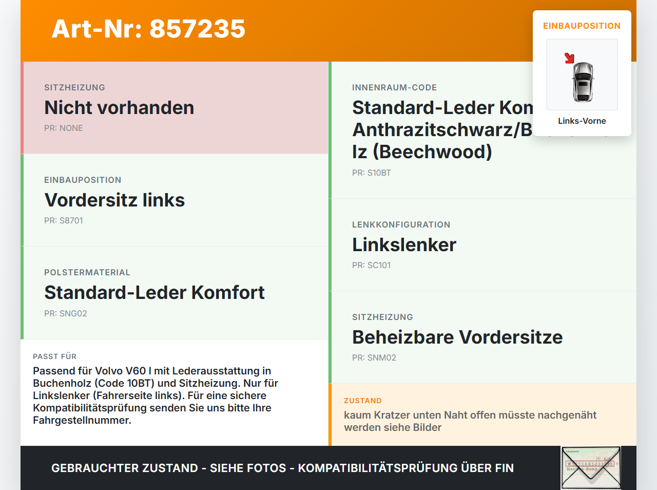 Volvo V60 I D3 10-13 Kombi Sitzbezug Rückenpolster Links Vorne für Fahrer Sitz beheizt Volvo V60 I D3 10-13... Vorschau 3