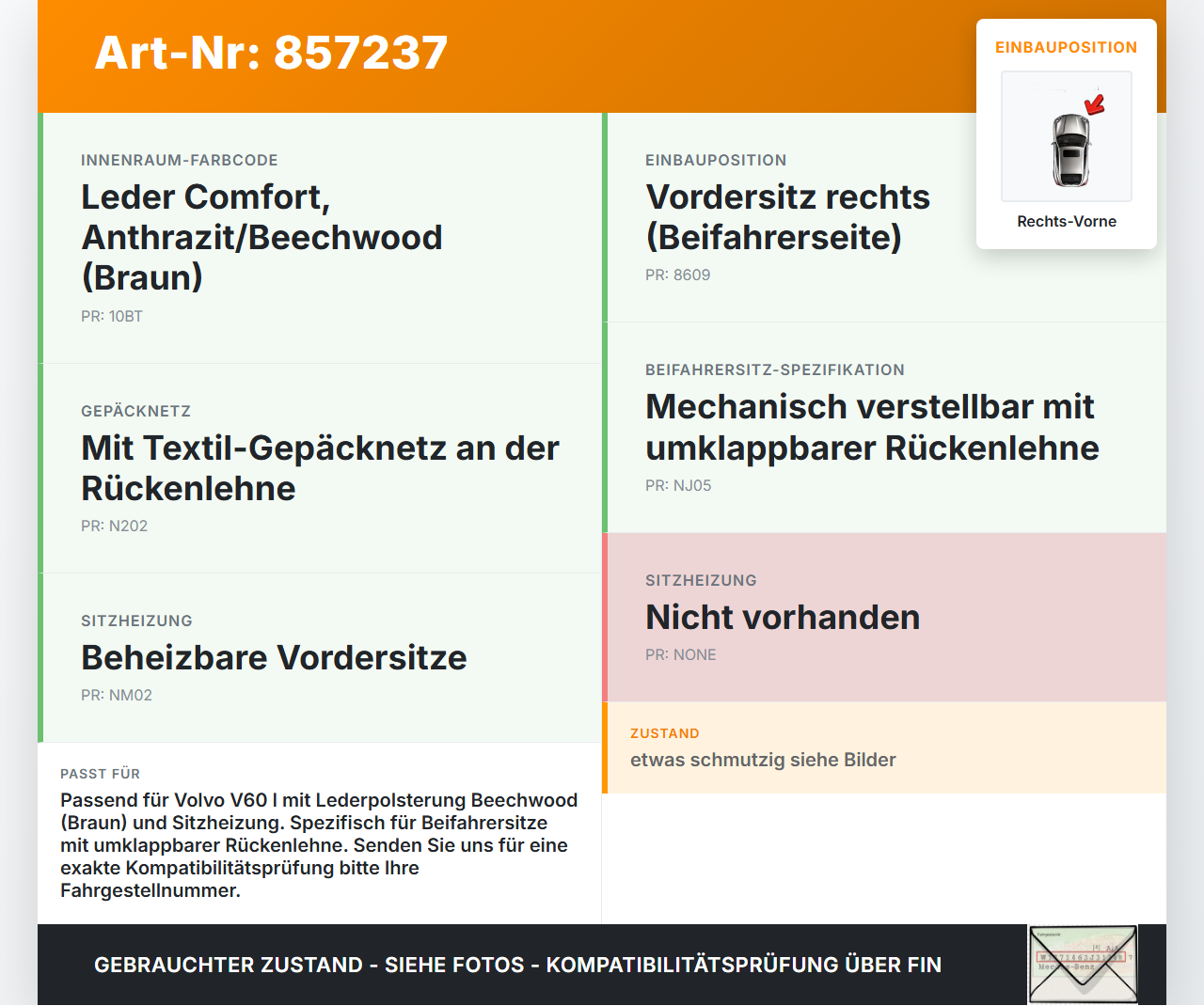 Volvo V60 I D3 10-13 Kombi Sitzbezug Rückenpolster Rechts Vorne für Beifahrer Sitz beheizt Volvo V60 I D3 10-13... Vorschau 3