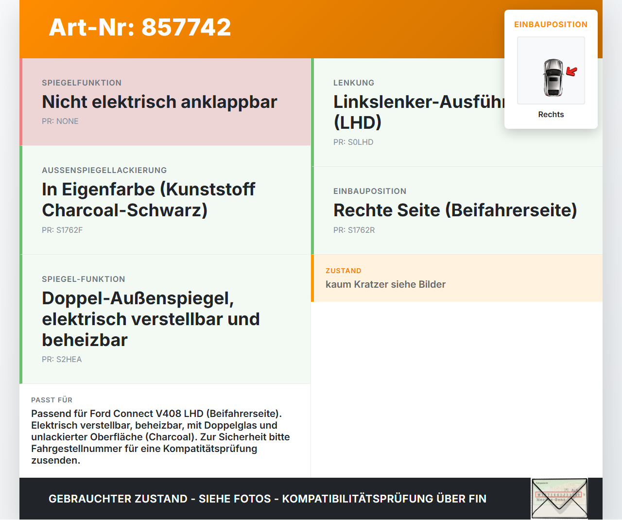 Ford Connect V408 13-18 Spiegel Aussenspiegel Rechts J3 Ford Connect V408 13-18 21.05.2014 DT11-17682-CF 2303008... Vorschau 3