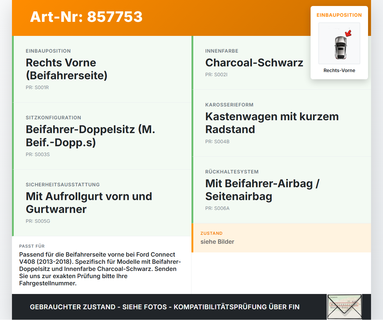 Ford Connect V408 13-18 Gurtschloss Rechts Vorne Ford Connect V408 13-18 21.05.2014 DT11-V61208-BA 622957400A gebraucht Vorschau 3