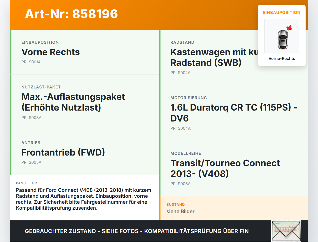 Ford Connect V408 13-18 Federbein Stossdämpfer Vorne Rechts Ford Connect V408 13-18 21.05.2014 DV61-18045-AE... Vorschau 3
