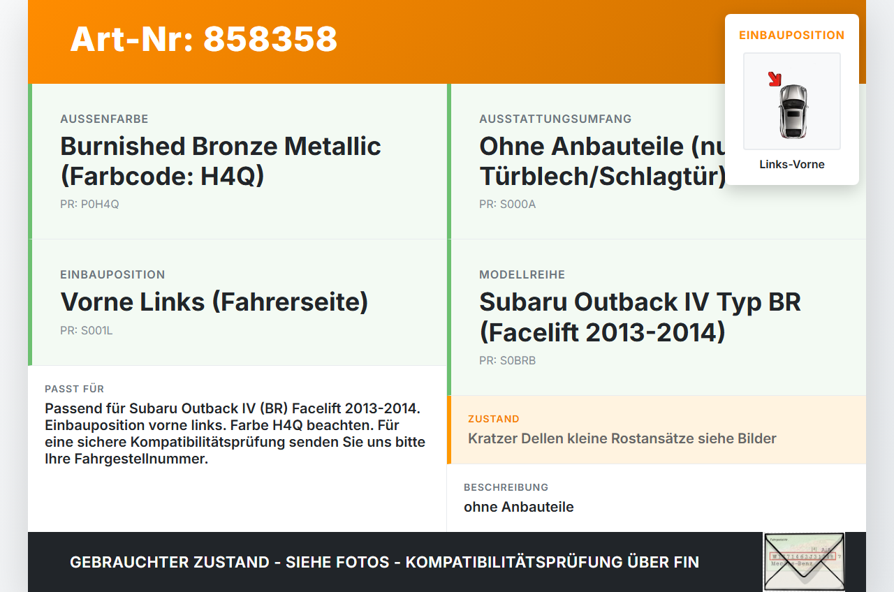 Subaru Outback 4 IV BR 13-14 Tür Fahrertür Links Vorne H4Q Subaru Outback 4 IV BR 13-14 21.03.2014 gebraucht Vorschau 3