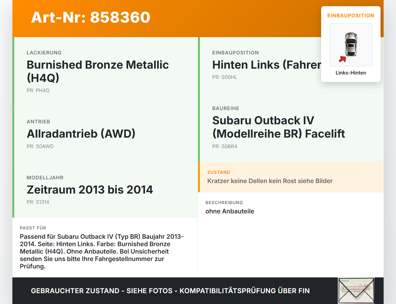 Subaru Outback 4 IV BR 13-14 Tür Links Hinten H4Q Subaru Outback 4 IV BR 13-14 21.03.2014 gebraucht Vorschau 3