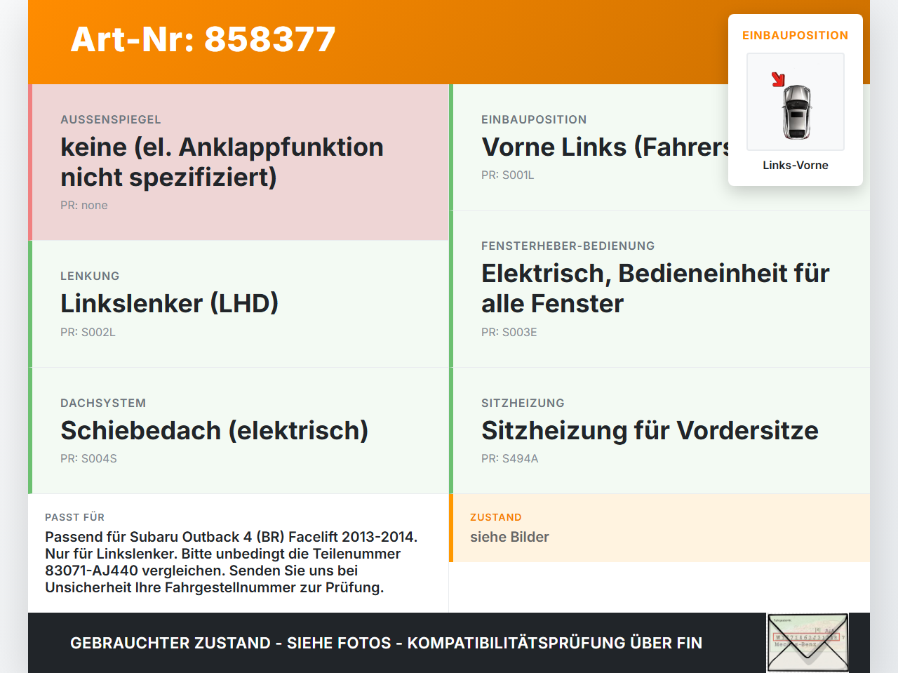 Subaru Outback 4 IV BR 13-14 Fensterheberschalter Schalter Links Vorne Subaru Outback 4 IV BR 13-14 21.03.2014... Vorschau 3