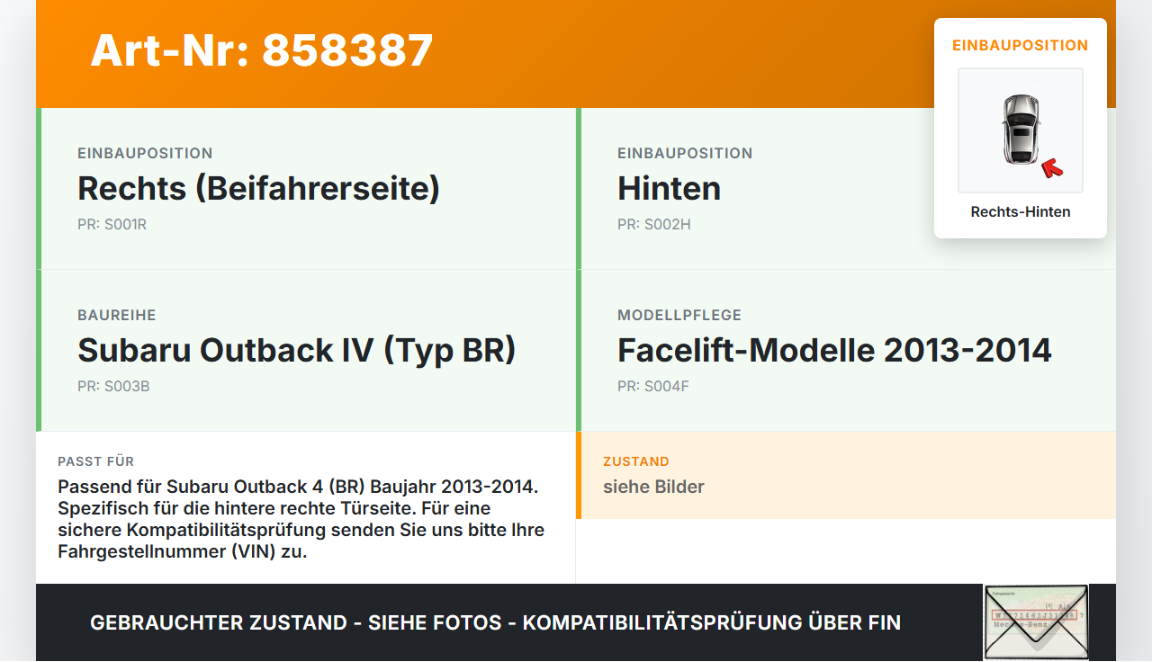 Subaru Outback 4 IV BR 13-14 Griff Griffmuschel Türgriff Innen Rechts Hinten Subaru Outback 4 IV BR 13-14... Vorschau 3