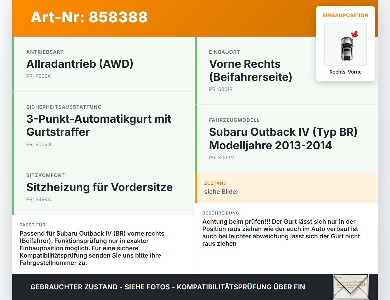 Subaru Outback 4 IV BR 13-14 Gurt Sicherheitsgurt Gurtstraffer für Beifahrer Rechts Vorne Subaru Outback 4 IV BR... Vorschau 3