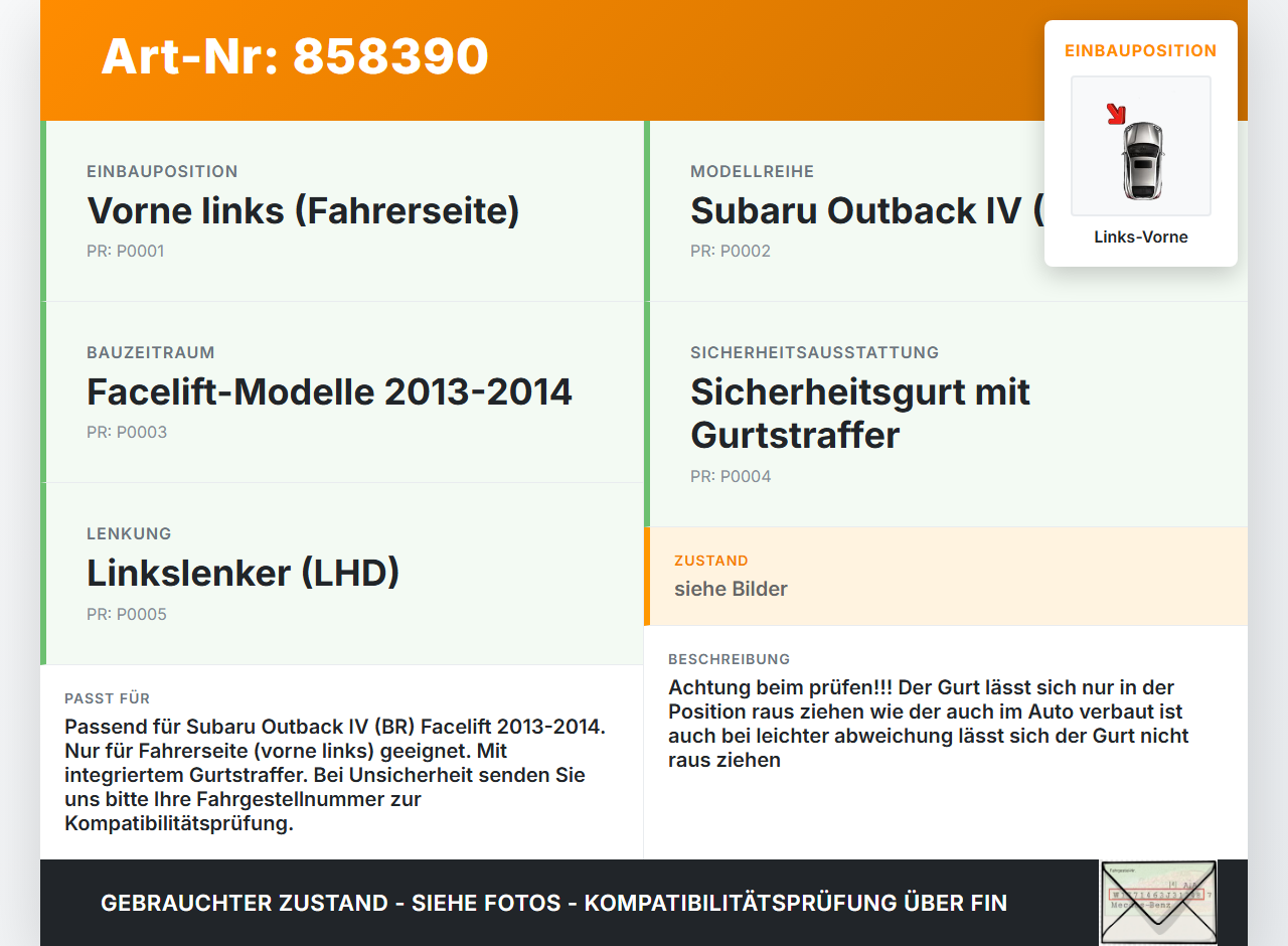 Subaru Outback 4 IV BR 13-14 Gurt Sicherheitsgurt m. Gurtstraffer für Fahrer Links Vorne Subaru Outback 4 IV BR... Vorschau 3