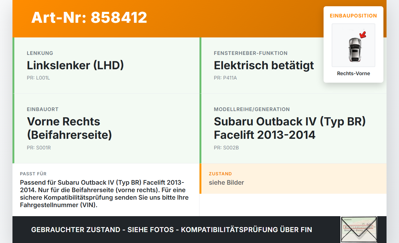 Subaru Outback 4 IV BR 13-14 Fensterhebermotor Fensterheber Rechts Vorne Subaru Outback 4 IV BR 13-14 21.03.2014... Vorschau 3