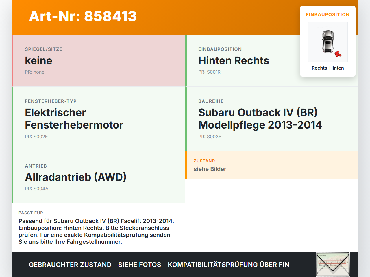 Subaru Outback 4 IV BR 13-14 Fensterhebermotor Rechts Hinten Subaru Outback 4 IV BR 13-14 21.03.2014 gebraucht Vorschau 3