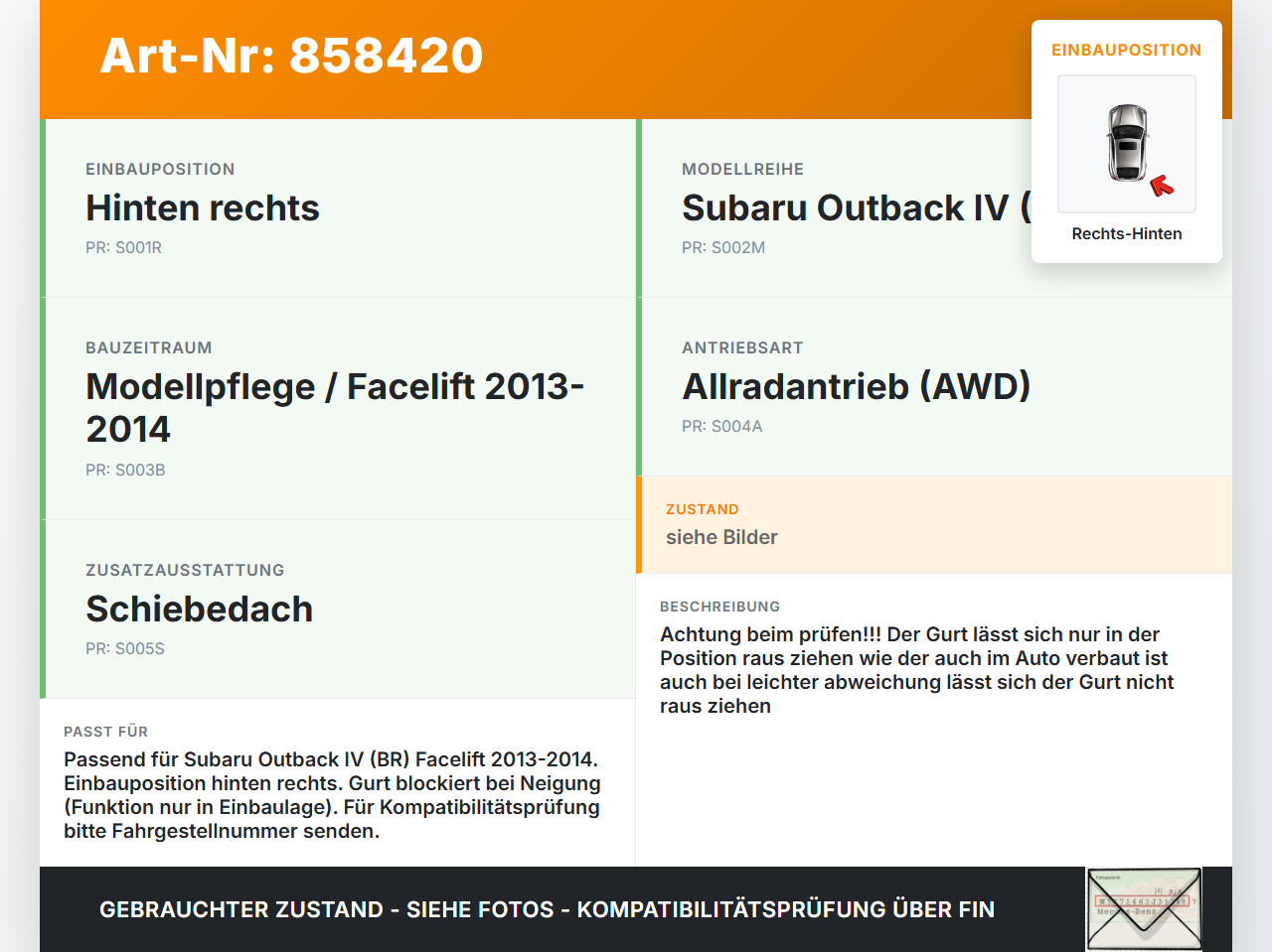 Subaru Outback 4 IV BR 13-14 Gurt Sicherheitsgurt Rechts Hinten Subaru Outback 4 IV BR 13-14 21.03.2014 C71409R13... Vorschau 3