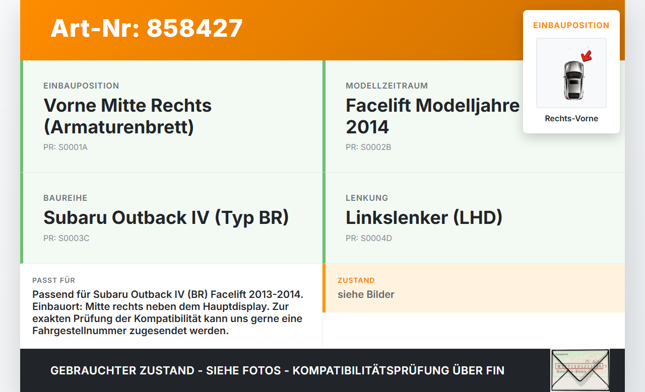 Subaru Outback 4 IV BR 13-14 Luftdusche Luftdüse Rechts Vorne Mitte Subaru Outback 4 IV BR 13-14 21.03.2014 gebraucht Vorschau 3