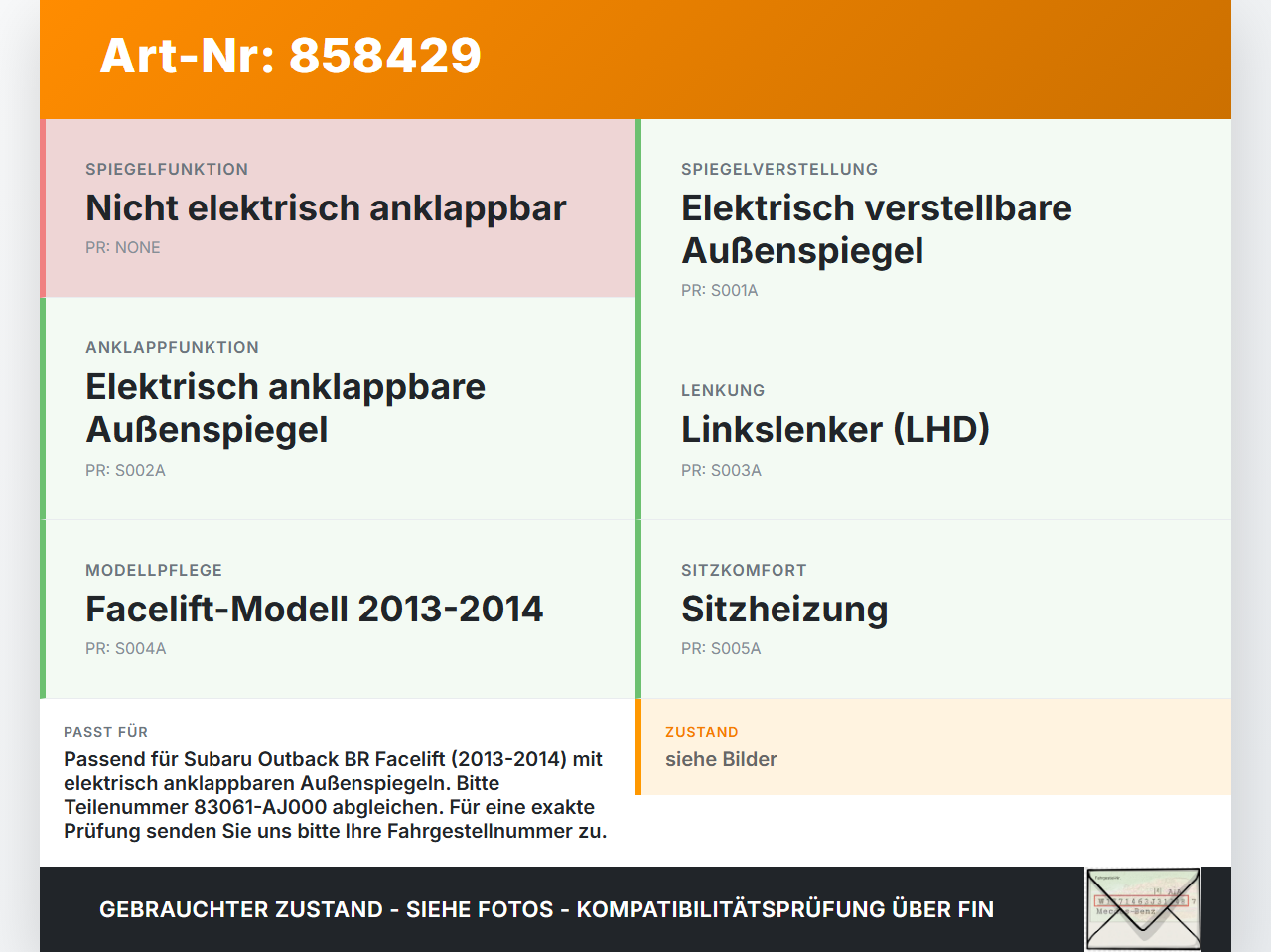 Subaru Outback 4 IV BR 13-14 Spiegelverstellung Aussenspiegel Schalter Subaru Outback 4 IV BR 13-14 21.03.2014... Vorschau 3