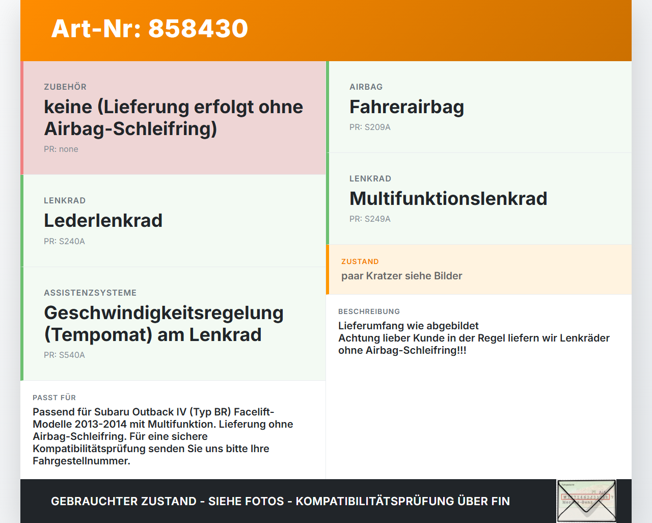 Subaru Outback 4 IV BR 13-14 Lenkrad Airbaglenkrad Subaru Outback 4 IV BR 13-14 21.03.2014 TG11A02001 gebraucht Vorschau 3