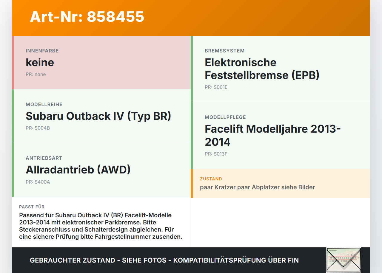 Subaru Outback 4 IV BR 13-14 Schalter Elektr. Feststellbremse Subaru Outback 4 IV BR 13-14 21.03.2014 gebraucht Vorschau 3