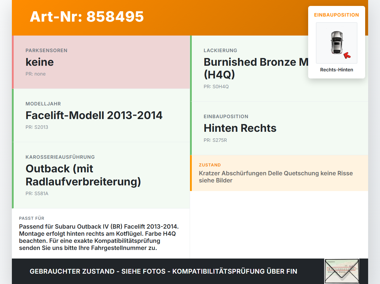 Subaru Outback 4 IV BR 13-14 Leiste für Kotflügel Rechts Hinten H4Q Subaru Outback 4 IV BR 13-14 21.03.2014 gebraucht Vorschau 3