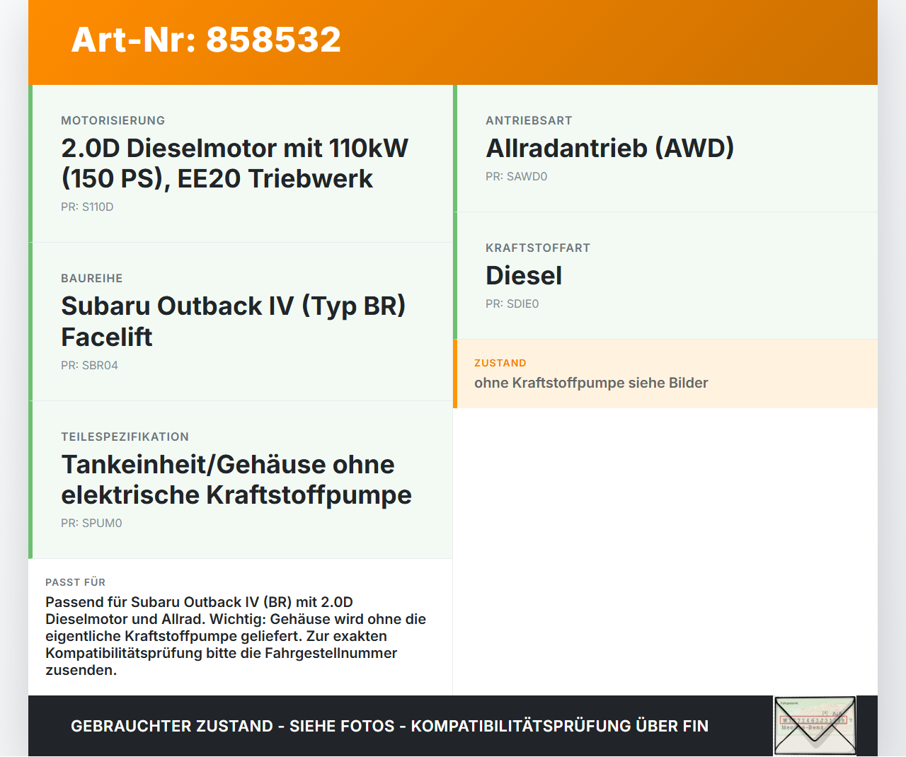 Subaru Outback 4 IV BR 13-14 2,0D 110KW Tankgeber Tankeinheit Subaru Outback 4 IV BR 13-14 21.03.2014 gebraucht Vorschau 3