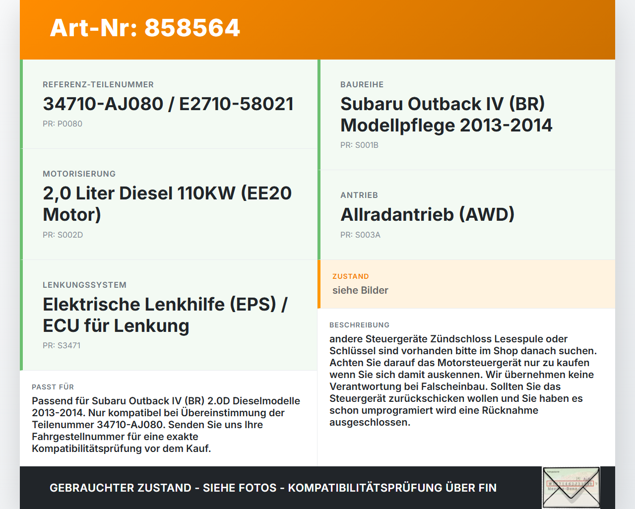 Subaru Outback 4 IV BR 13-14 2,0D 110KW Steuergerät ECU für Lenkhilfe Subaru Outback 4 IV BR 13-14 21.03.2014... Vorschau 3