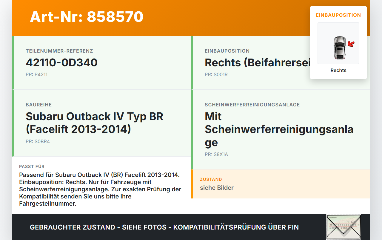 Subaru Outback 4 IV BR 13-14 Waschdüse Hubzylinder für Scheinwerfer Rechts Subaru Outback 4 IV BR 13-14 21.03.2014... Vorschau 3