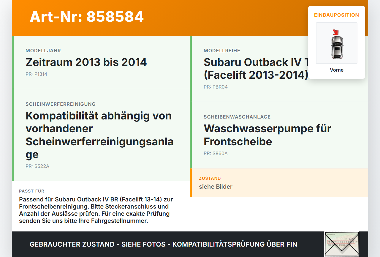 Subaru Outback 4 IV BR 13-14 Waschwasserpumpe Wischwasserpumpe Waschpumpe Vorne Subaru Outback 4 IV BR 13-14... Vorschau 3