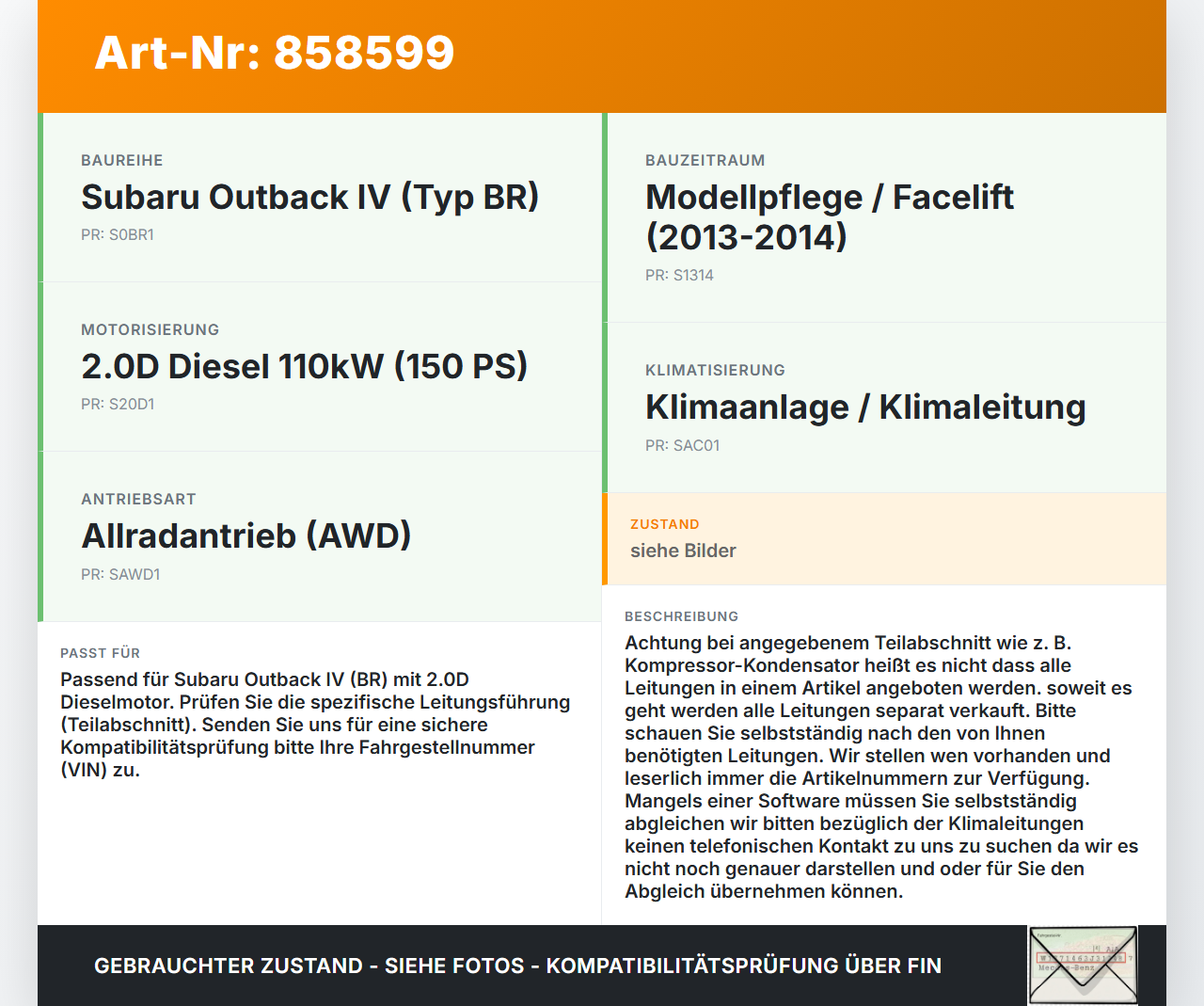 Subaru Outback 4 IV BR 13-14 2,0D 110KW Klimaschlauch Klimaleitung Subaru Outback 4 IV BR 13-14 21.03.2014 gebraucht Vorschau 3