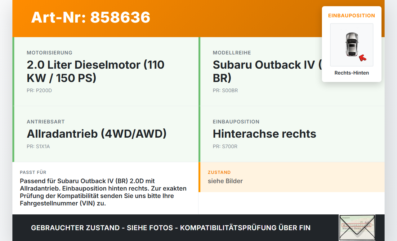 Subaru Outback 4 IV BR 13-14  2,0D 110KW 4WD Antriebswelle Gelenkwelle Rechts Hinten Subaru Outback 4 IV BR 13-14... Vorschau 3