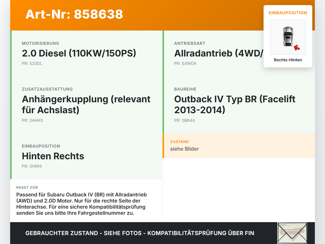 Subaru Outback 4 IV BR 13-14  2,0D 110KW 4WD Achsschenkel Radnabe Rechts Hinten Subaru Outback 4 IV BR 13-14... Vorschau 3