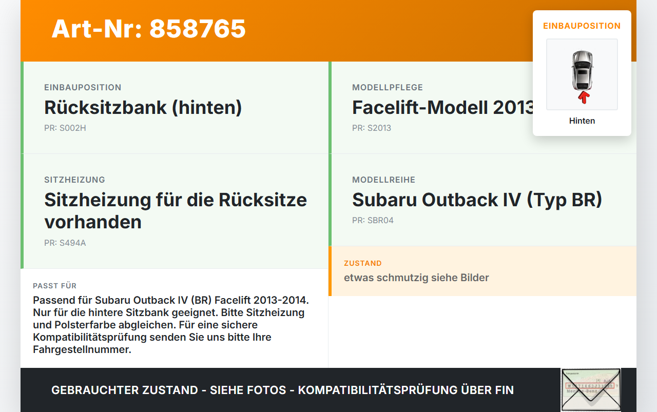Subaru Outback 4 IV BR 13-14 Sitzbezug Sitzpolster für Rücksitzbank Hinten Subaru Outback 4 IV BR 13-14 21.03.2014... Vorschau 3