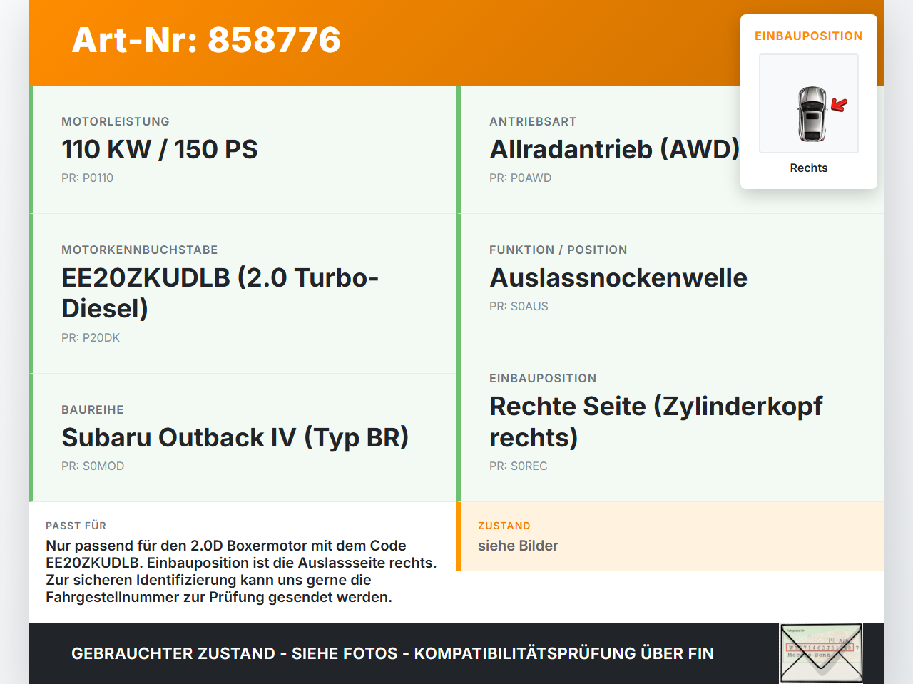 Subaru Outback 4 IV BR 13-14 2,0D 110KW EE20ZKUDLB Nockenwelle Auslass Rechts Subaru Outback 4 IV BR 13-14... Vorschau 3